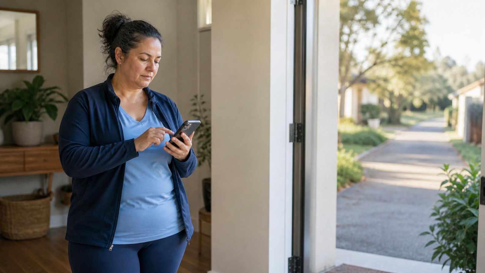 A woman reviewing a simple movement plan at home before a short walk