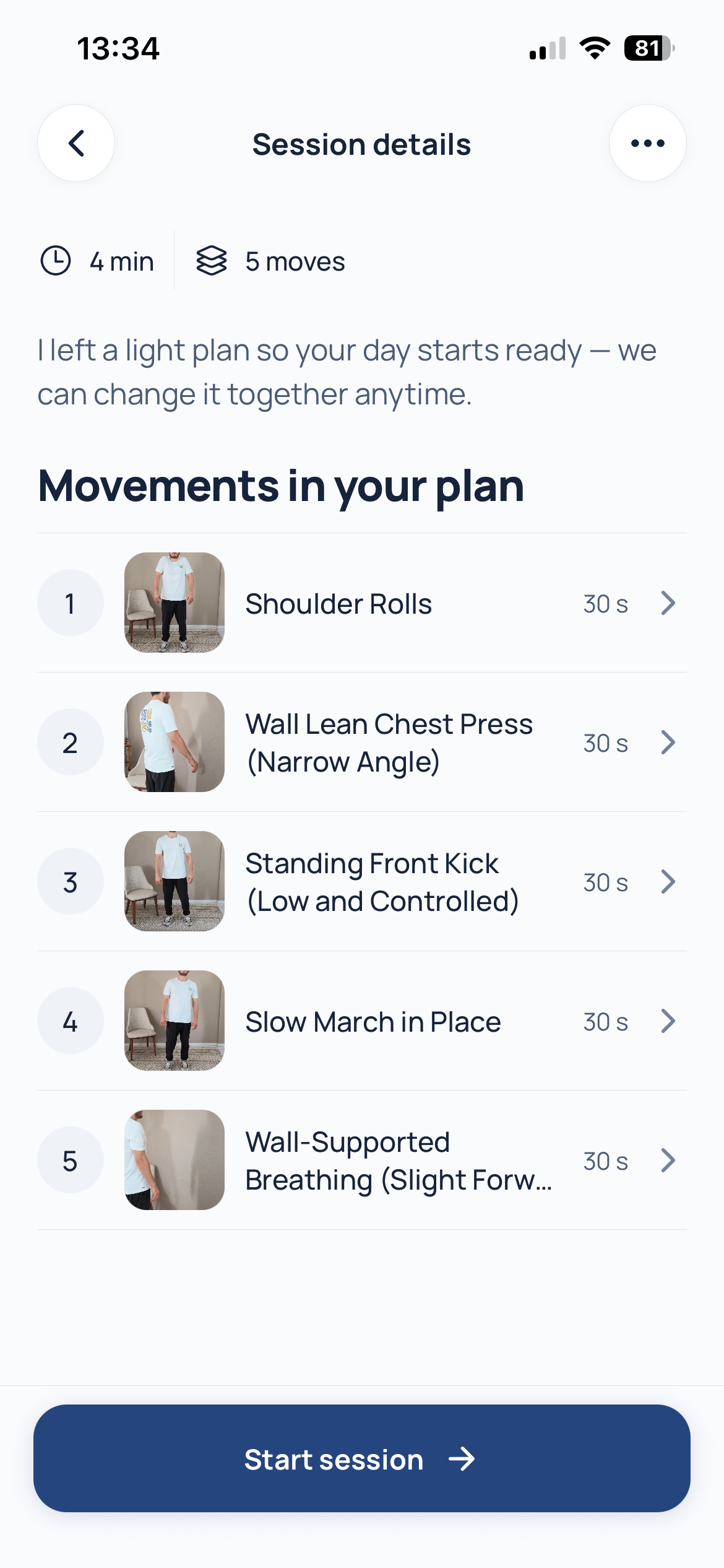 Stappn suggested session plan screen