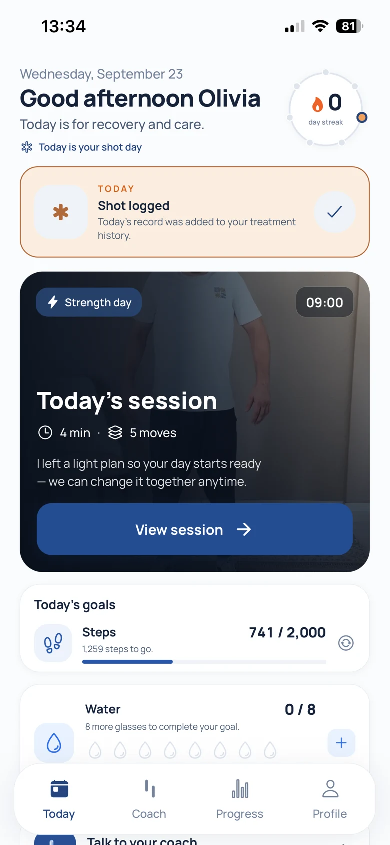 Real English Stappn Today screen with a shot record, a planned session, steps and water.