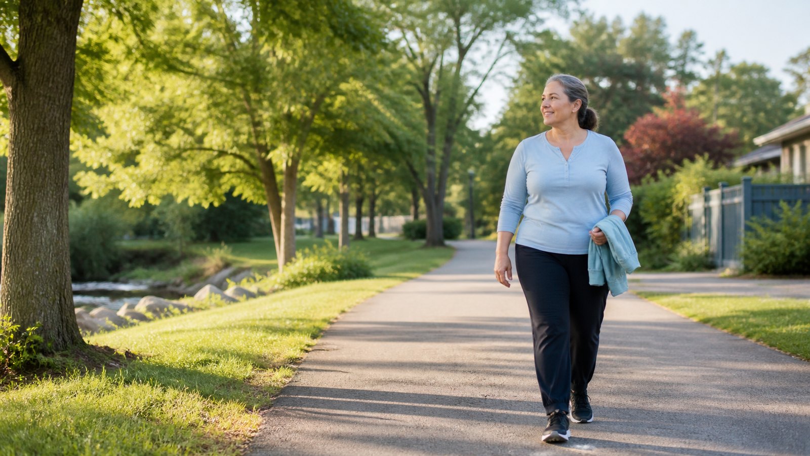 A woman following a familiar park path as part of a sustainable weekly movement routine