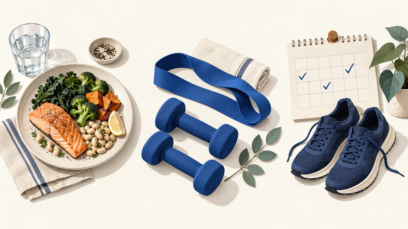 A balanced meal, resistance equipment and a calendar beside walking shoes