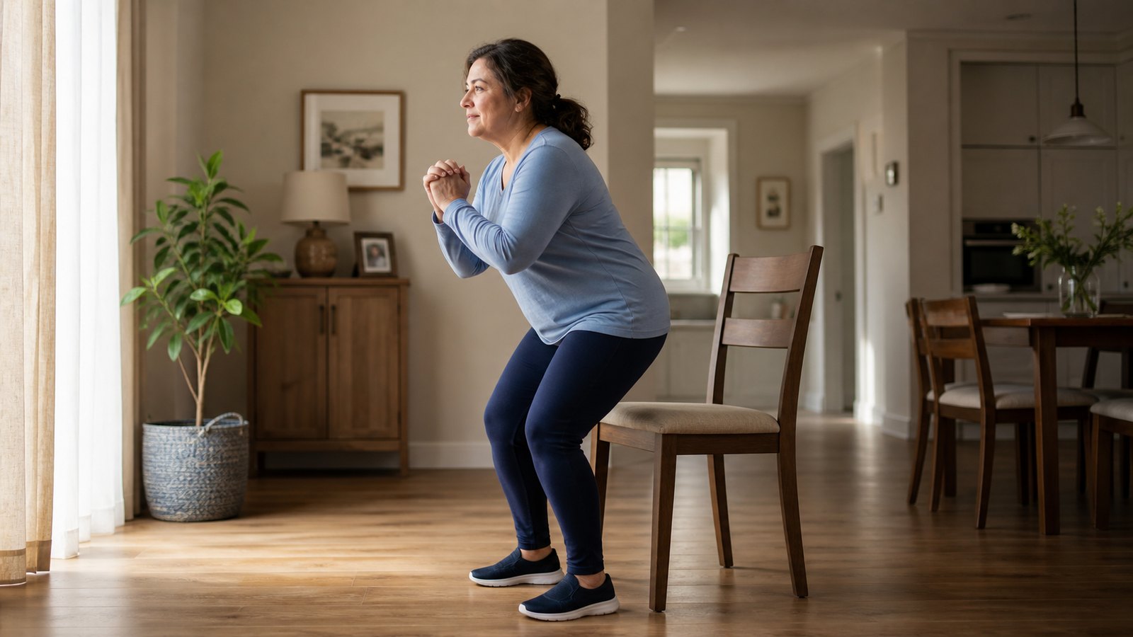 A middle-aged woman doing a supported sit-to-stand exercise beside a chair at home