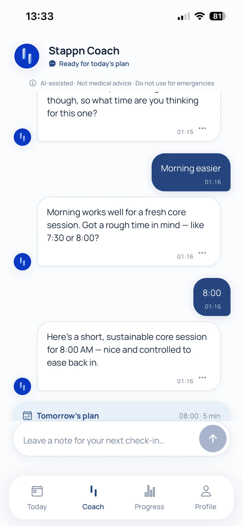 Real English Stappn coach conversation about an 8:00 morning plan.