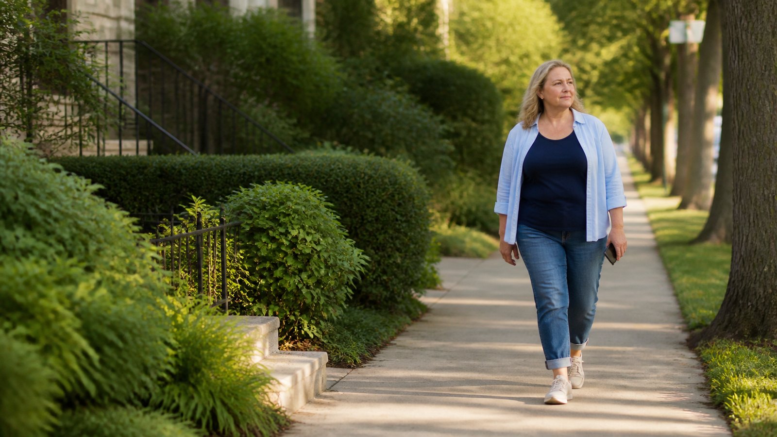 A woman taking a relaxed neighborhood walk during an ordinary part of her day