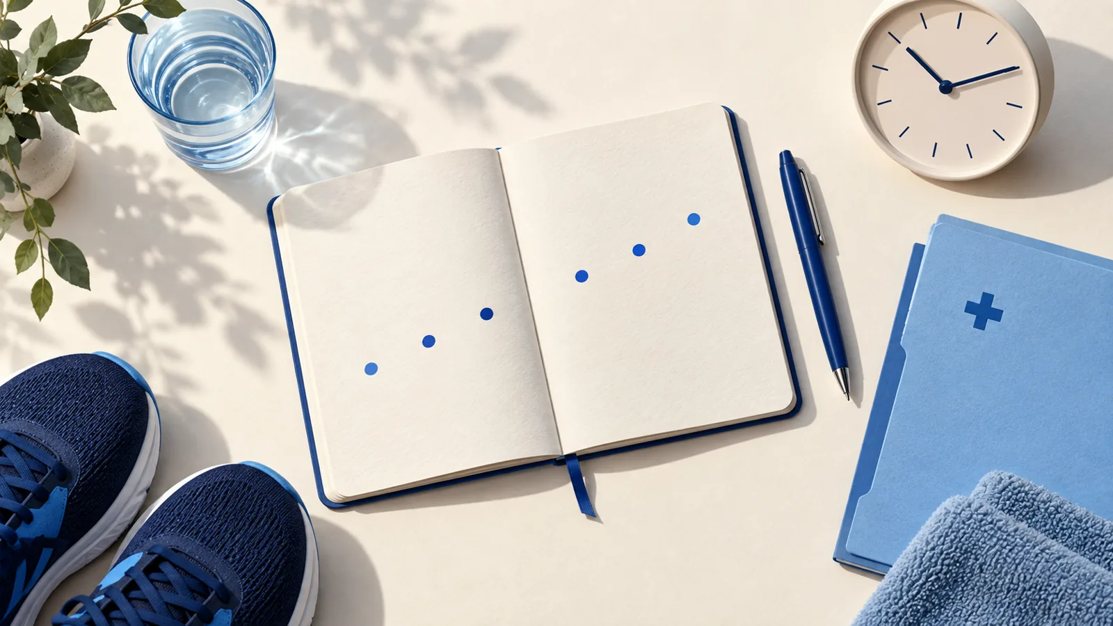 An open notebook, walking shoes, water and an appointment folder
