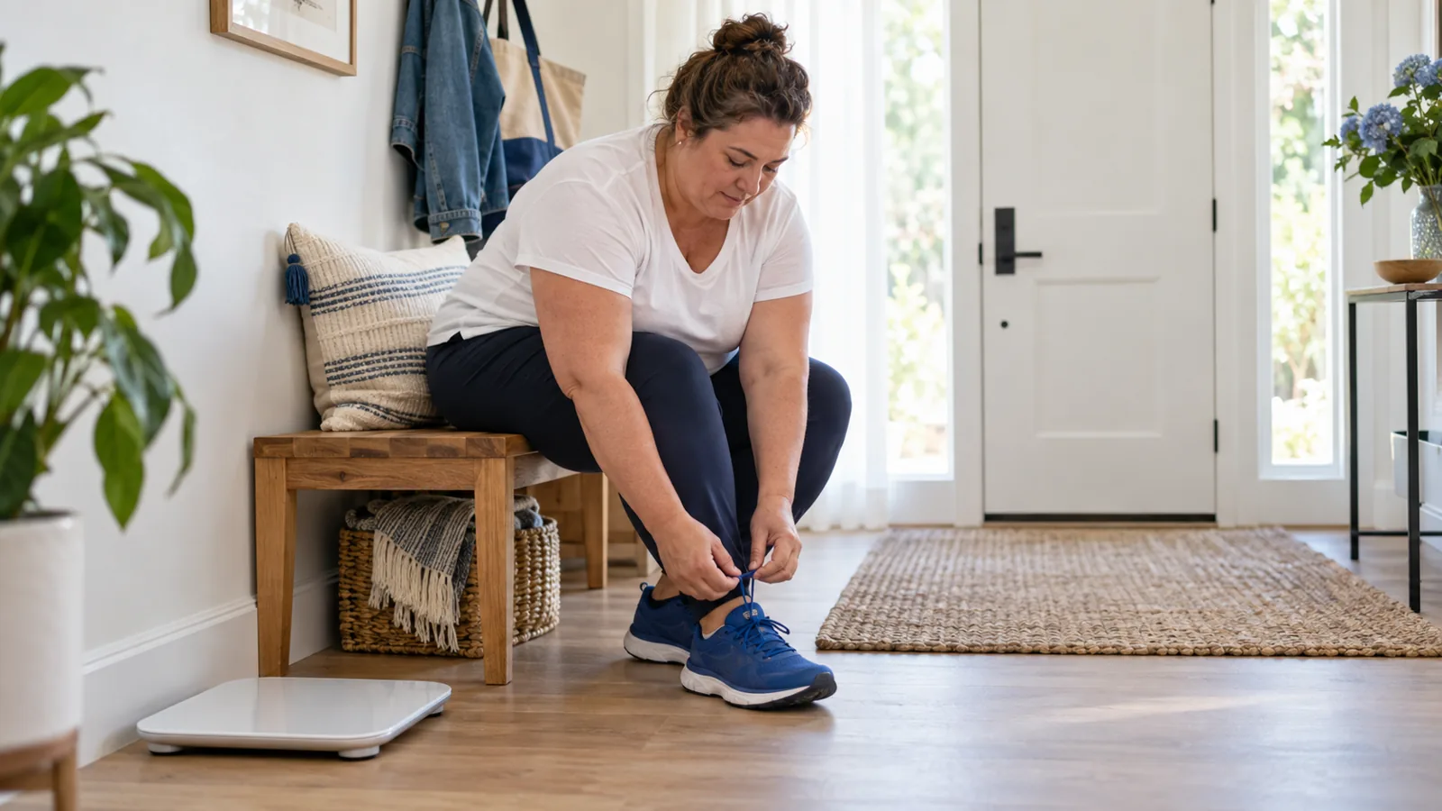 A woman tying her walking shoes at home, with a scale set to one side
