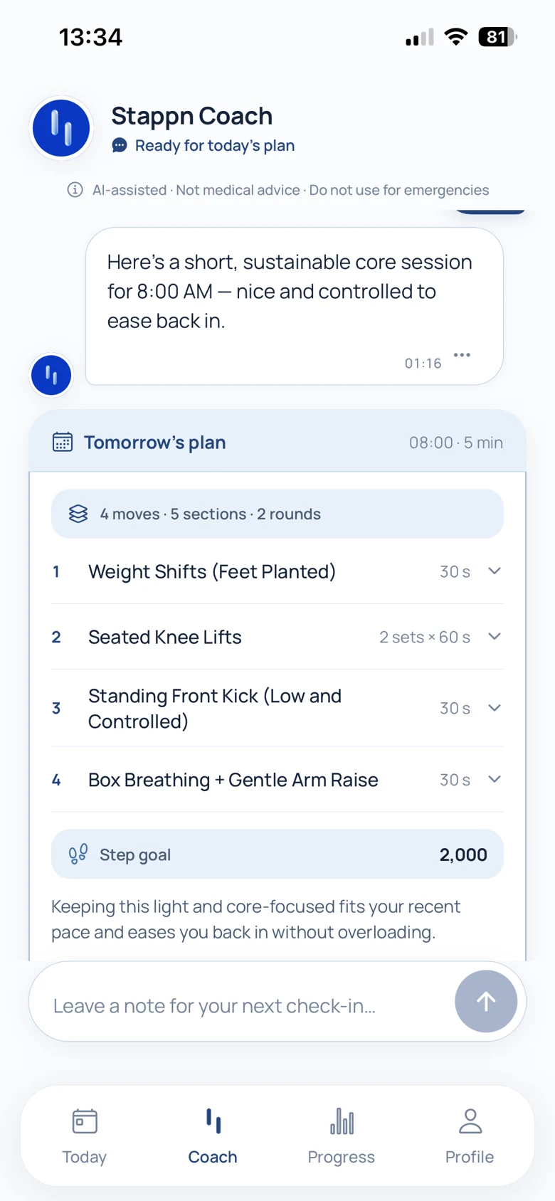Real Stappn Tomorrow’s plan screen with an 8:00 time, five-minute session and movement list.