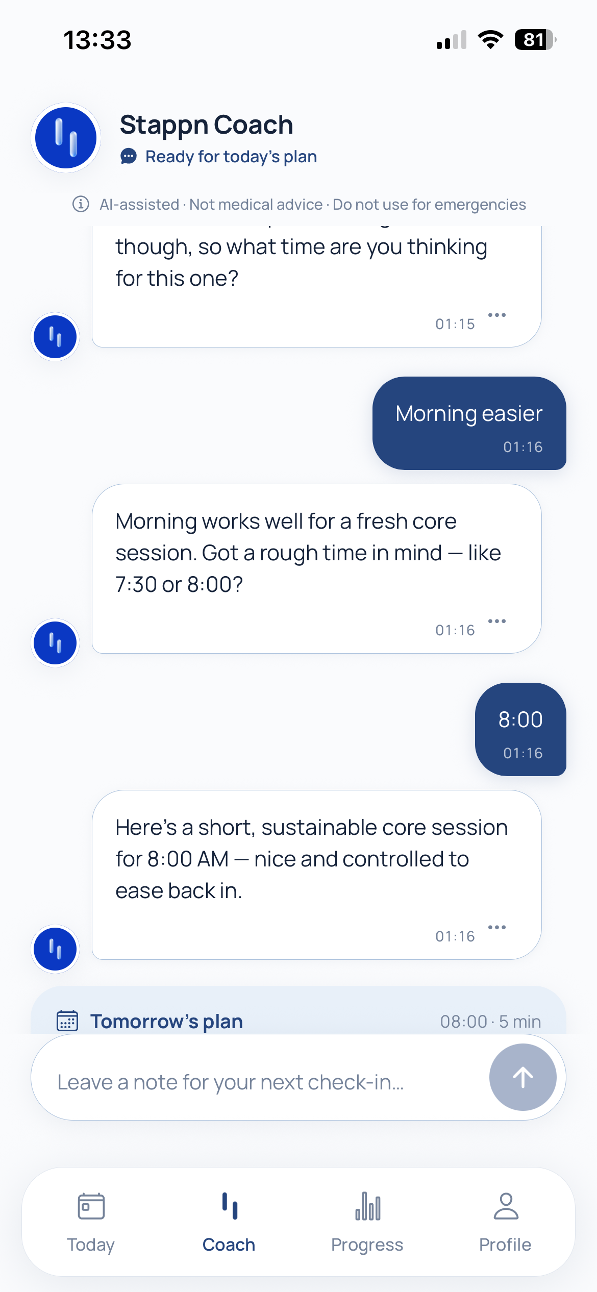Stappn check-in conversation screen