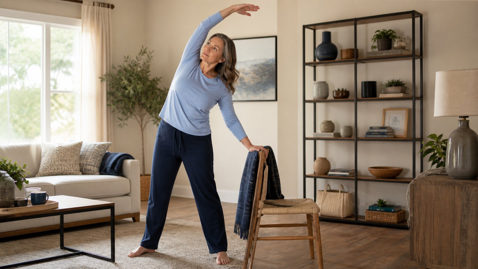 A woman choosing a calm supported stretch beside a chair at home