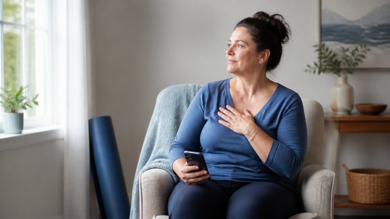A woman checking in with her energy before choosing a gentle movement session at home