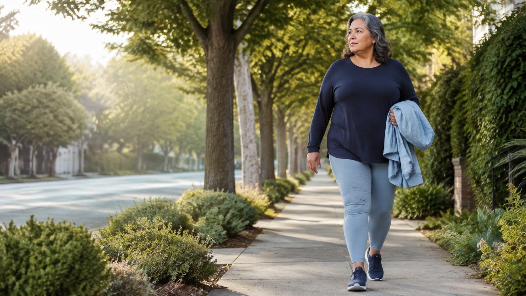 A person walking calmly outdoors in soft daylight