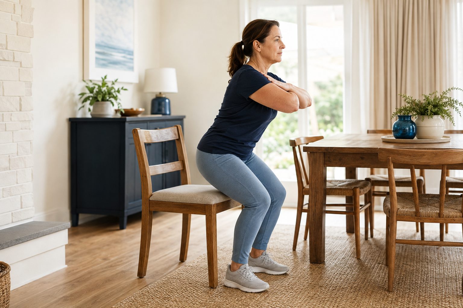 A person practising a sit-to-stand movement from a chair at home