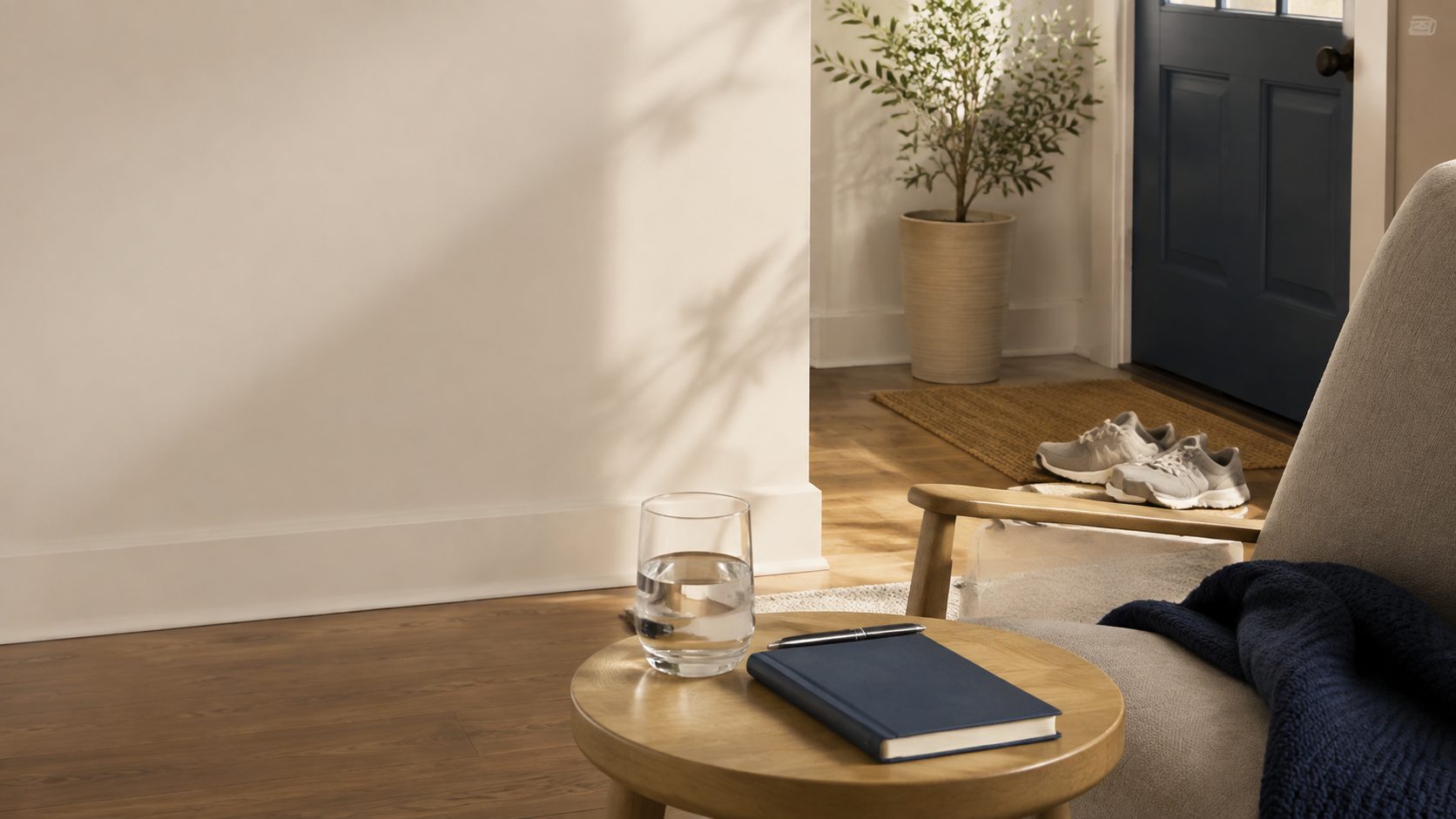 A water bottle, walking shoes and a notebook resting on a table